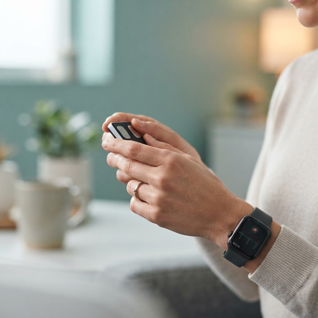 A person holding a personal ECG device while wearing a smartwatch